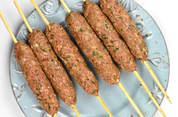 Prepared kebabs prior to cooking.