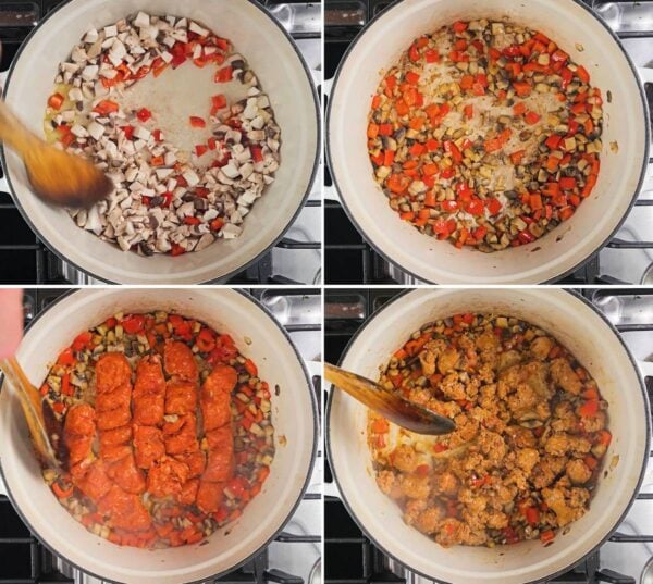 Cooking the diced vegetables and sausage.
