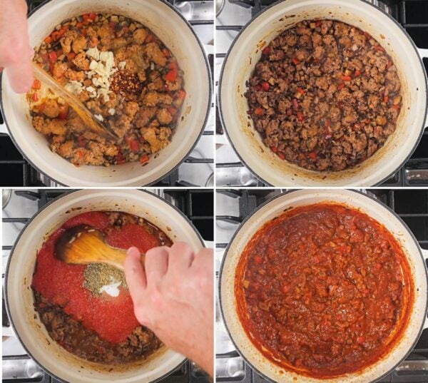 Making the spicy sausage sauce.