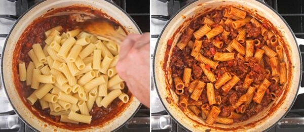 Stirring the pasta into the sauce.