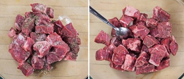 Seasoning the steak chunks with salt and pepper.