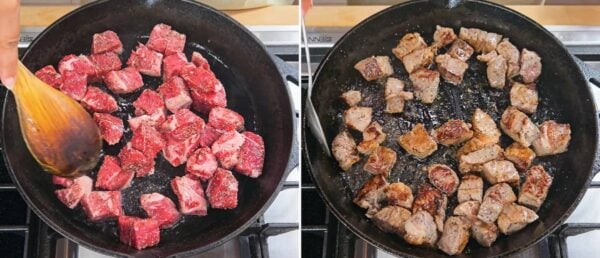 Searing the steak bites in a cast iron skillet.