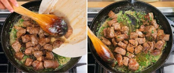 Adding the steak into the sauce.