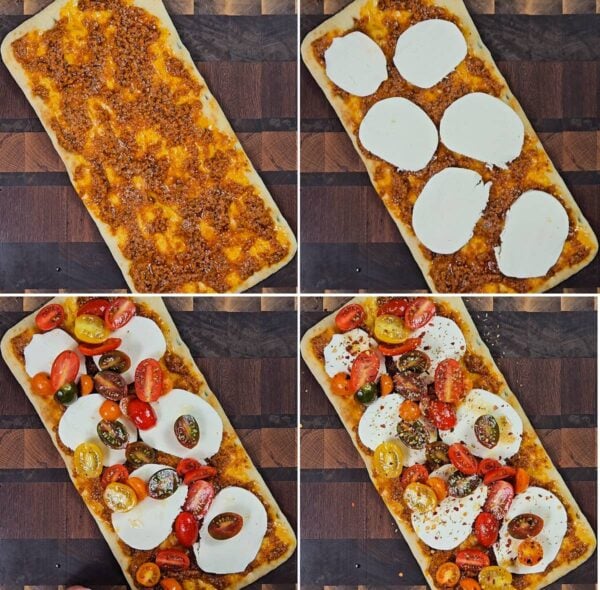 Placing the topping on the flatbread.