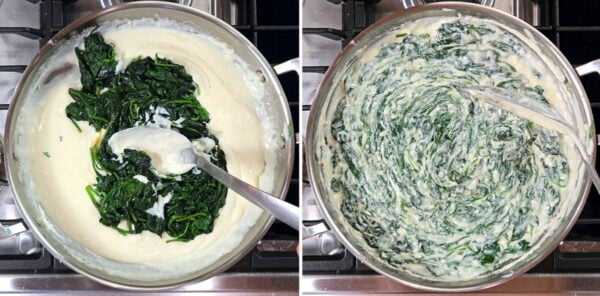 adding the spinach into the cream sauce