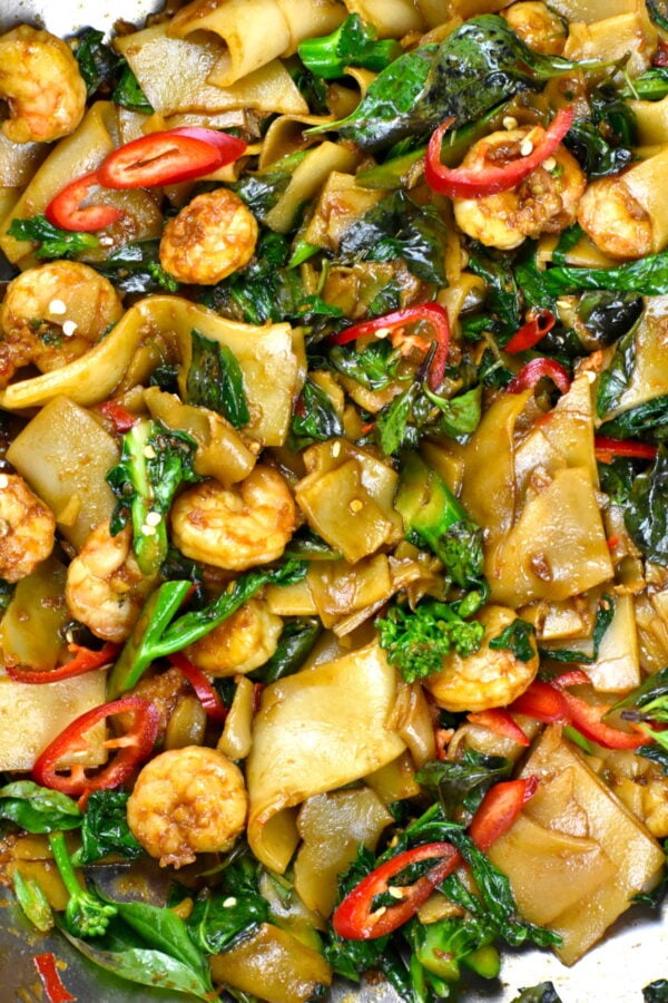 close up shot of these spicy Thai noodles.