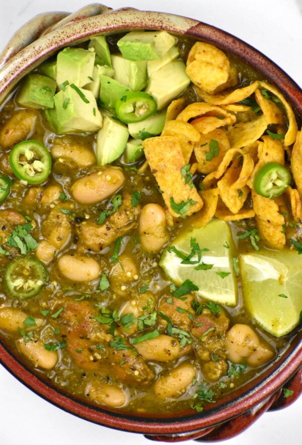 Serving of tomatillo chicken chili in a bowl.