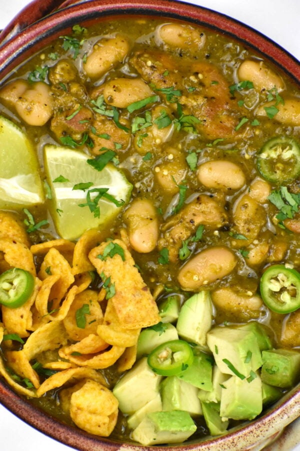 Bowl of green chicken chili.