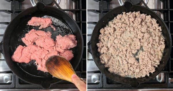 Browning the ground turkey in a skillet.