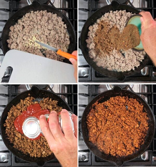 Stirring in garlic, taco seasoning and tomato sauce.