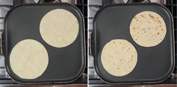 Heating tortillas in a skillet.