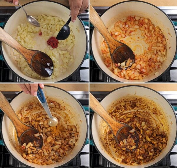 adding tomato paste and spices