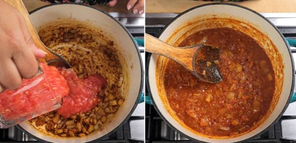 adding and cooking town grated tomato