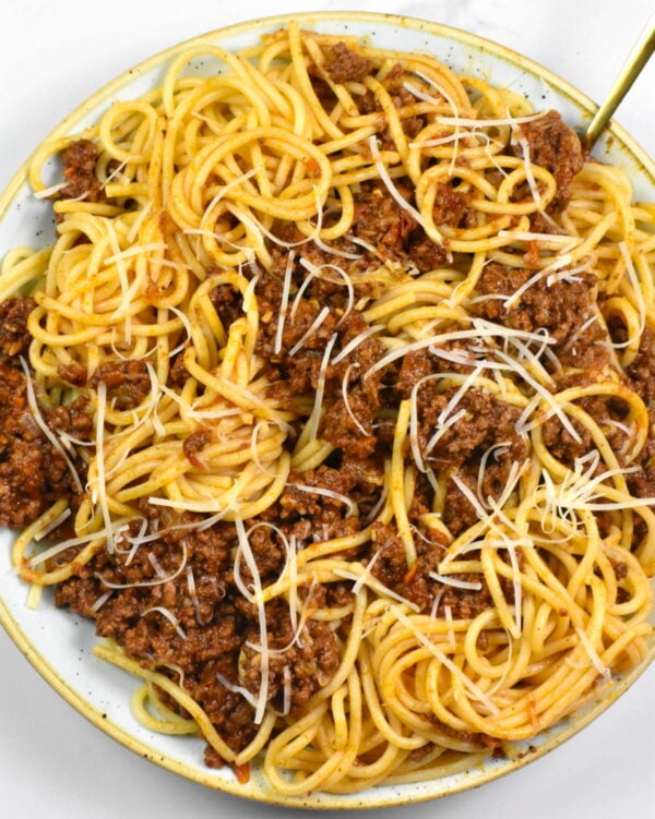 Greek meat sauce tossed with spaghetti.