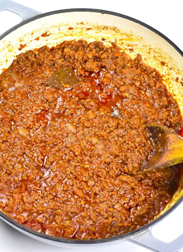 Pot of Greek meat sauce.