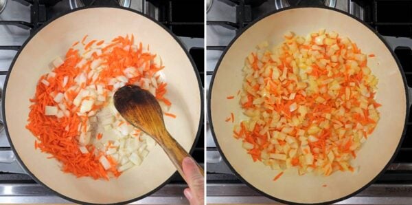 Sautéing onion and carrot.