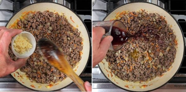 Adding garlic and wine.