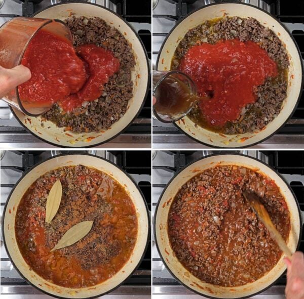 Adding crushed tomatoes and seasonings.