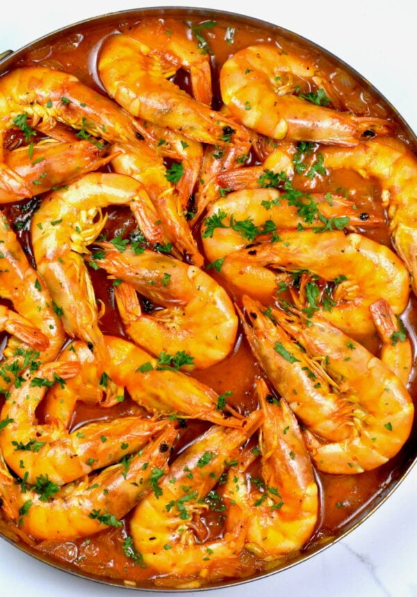 Shrimp mozambique, a spicy Portuguese dish.