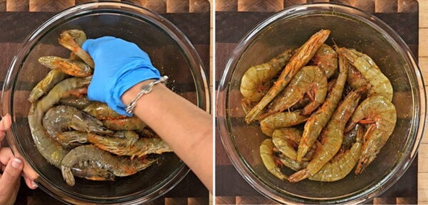 Tossing shrimp with seasonings in a large bowl.