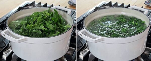 Blanching the rapini.