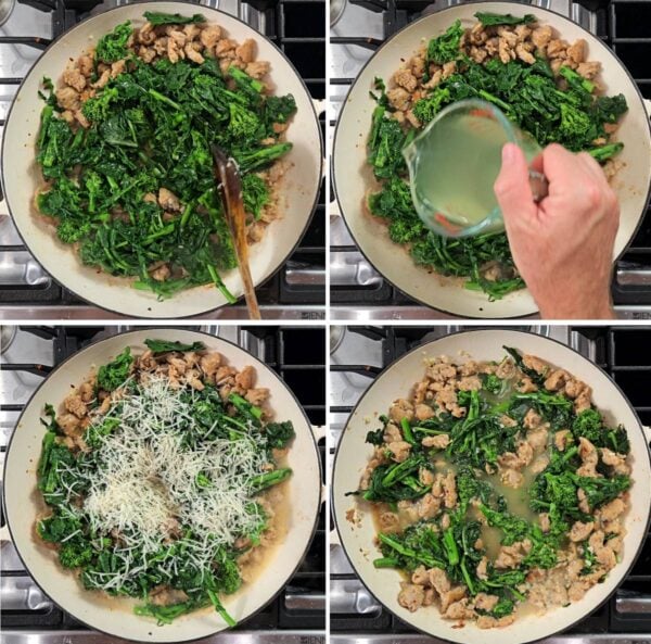 Adding broccoli rabe, parmesan and pasta water.