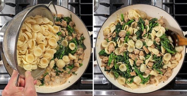 Adding cooked pasta to the dish.