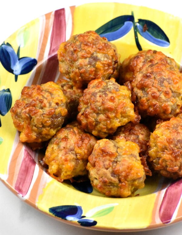 Bowl full of bisquick sausage balls.