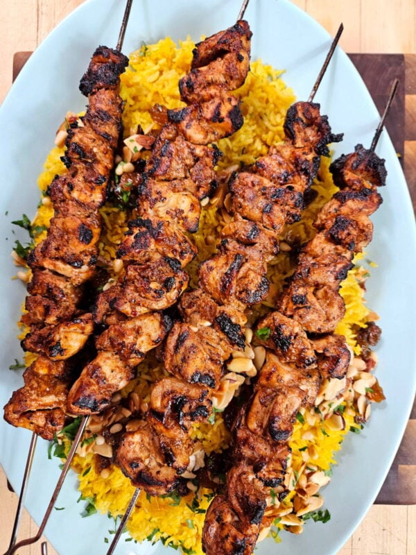 Shish tawook served with yellow rice.