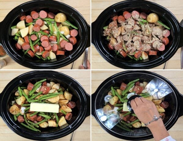 Placing all of the ingredients in the slow cooker.