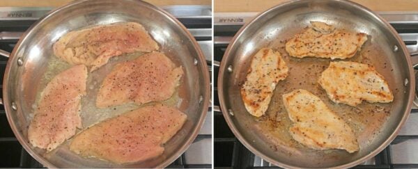 Searing the chicken cutlets.