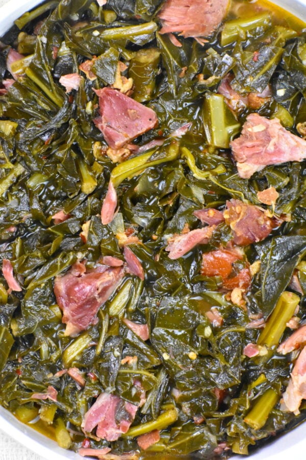 close up of a bowl of collards