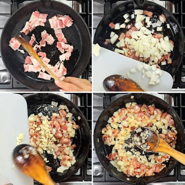 cooking bacon, onion and garlic in a cast iron skillet