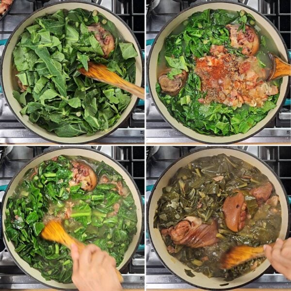 adding collards and other ingredients to the pot