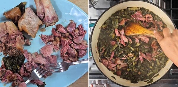 shredding the ham hocks and adding meat back to the pot