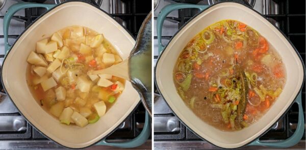 adding potatoes, broth and bay leaves, then simmering