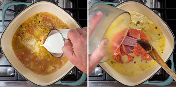 adding the cream and salmon chunks