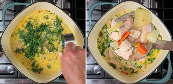 stirring in the fresh dill