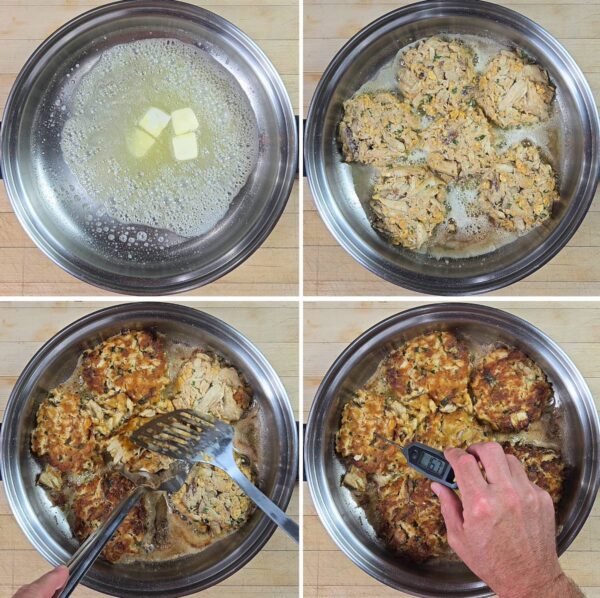pan frying the crab cakes in a skillet