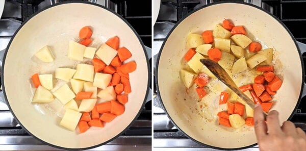 cooking potato and carrot chunks in a pot