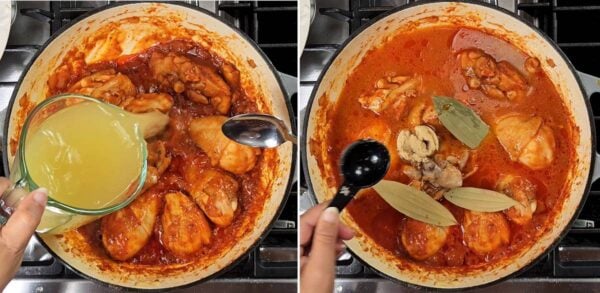 adding in broth, bay leaves and brown sugar
