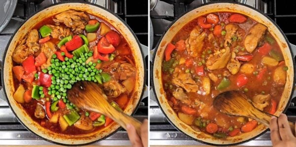 stirring in peas and bell peppers