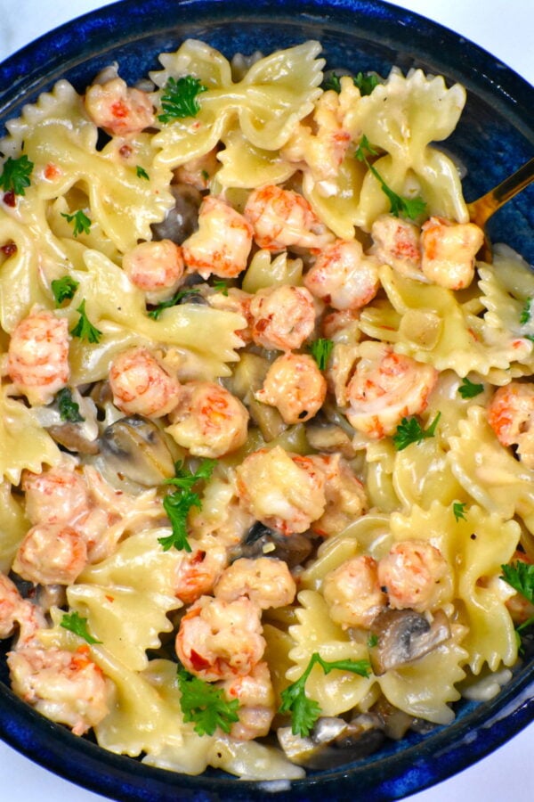 bowl of langostino pasta in sherry cream sauce