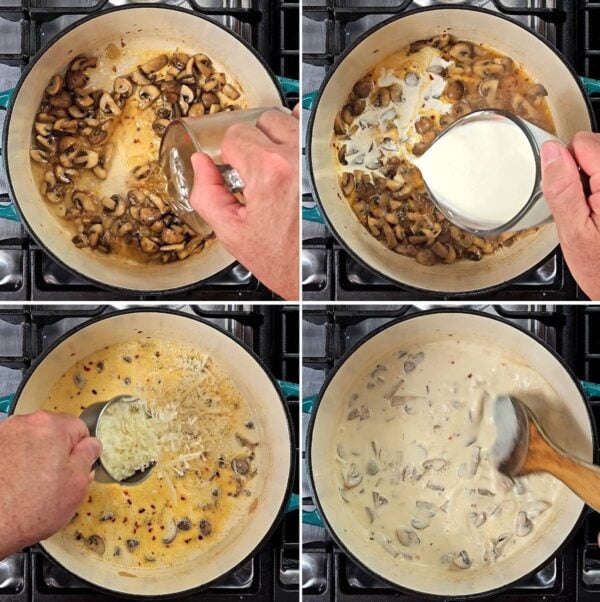 stirring in sherry, cream and parmesan