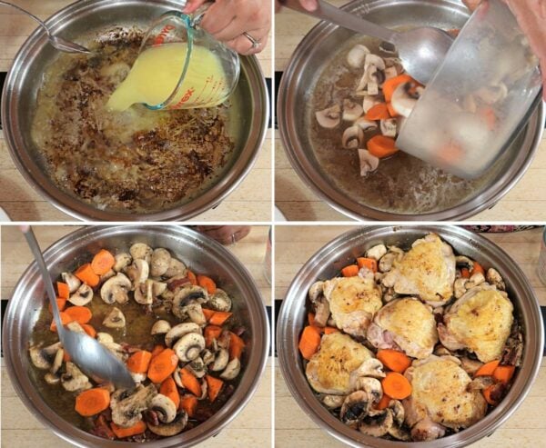 adding vegetables, chicken and thyme