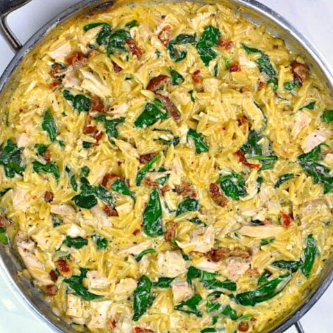 turkey and orzo in a skillet