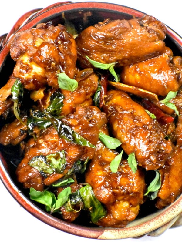 taiwanese three cup chicken in a bowl