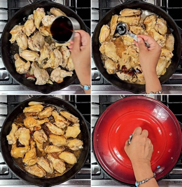 adding sauce ingredients to the pan