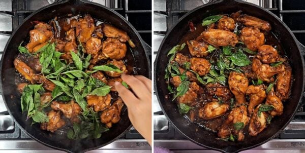 stirring thai basil into the pan