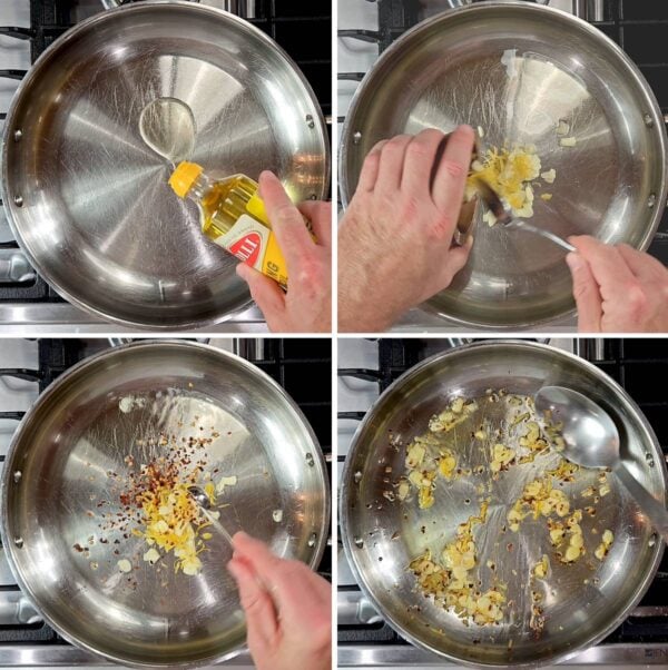 cooking the garlic, lemon and crushed red pepper